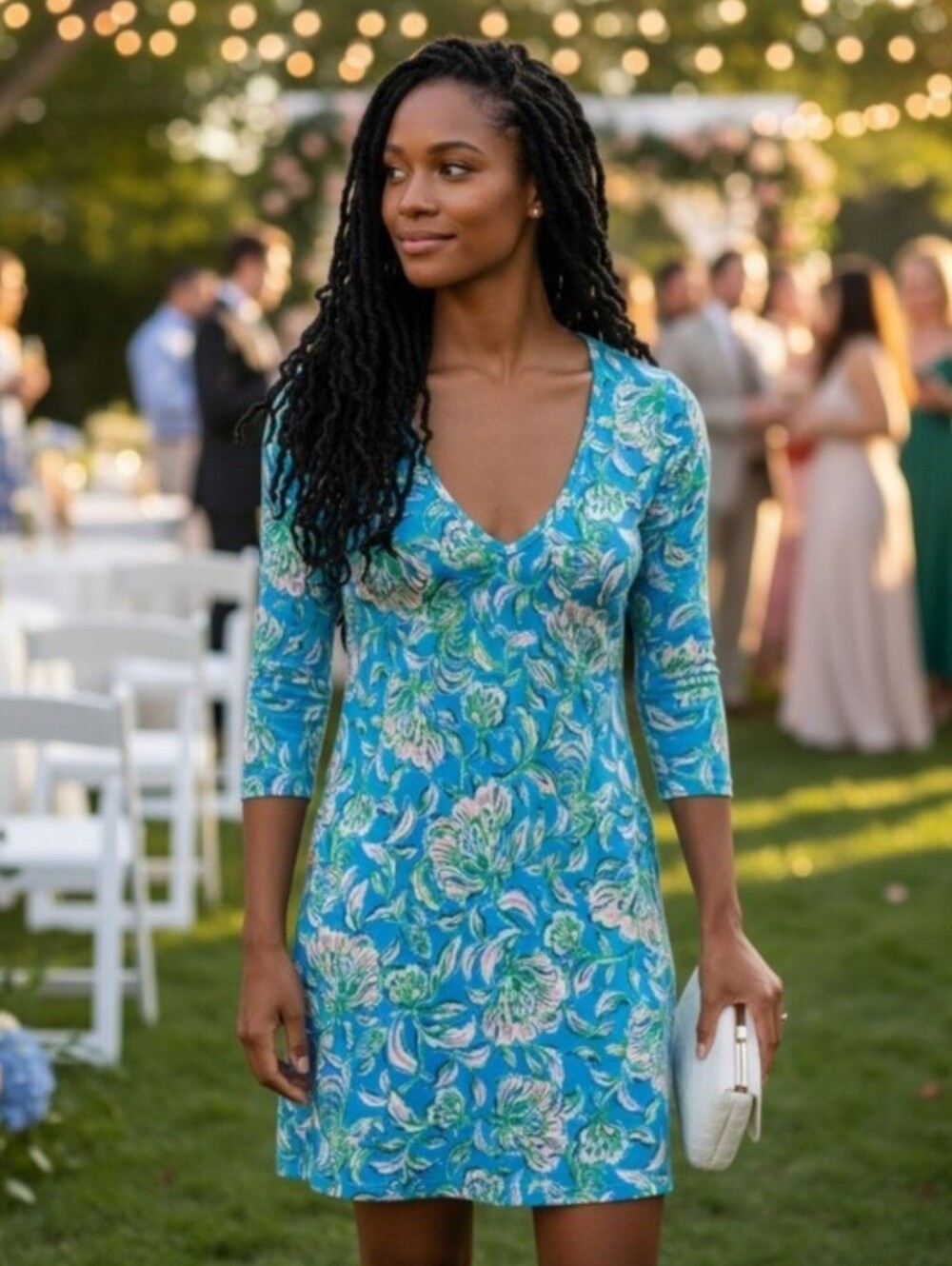 Lilly Pulitzer Amina Shift Turquoise Floral V-Neck 3/4 Sleeve Mini Dress, Size S